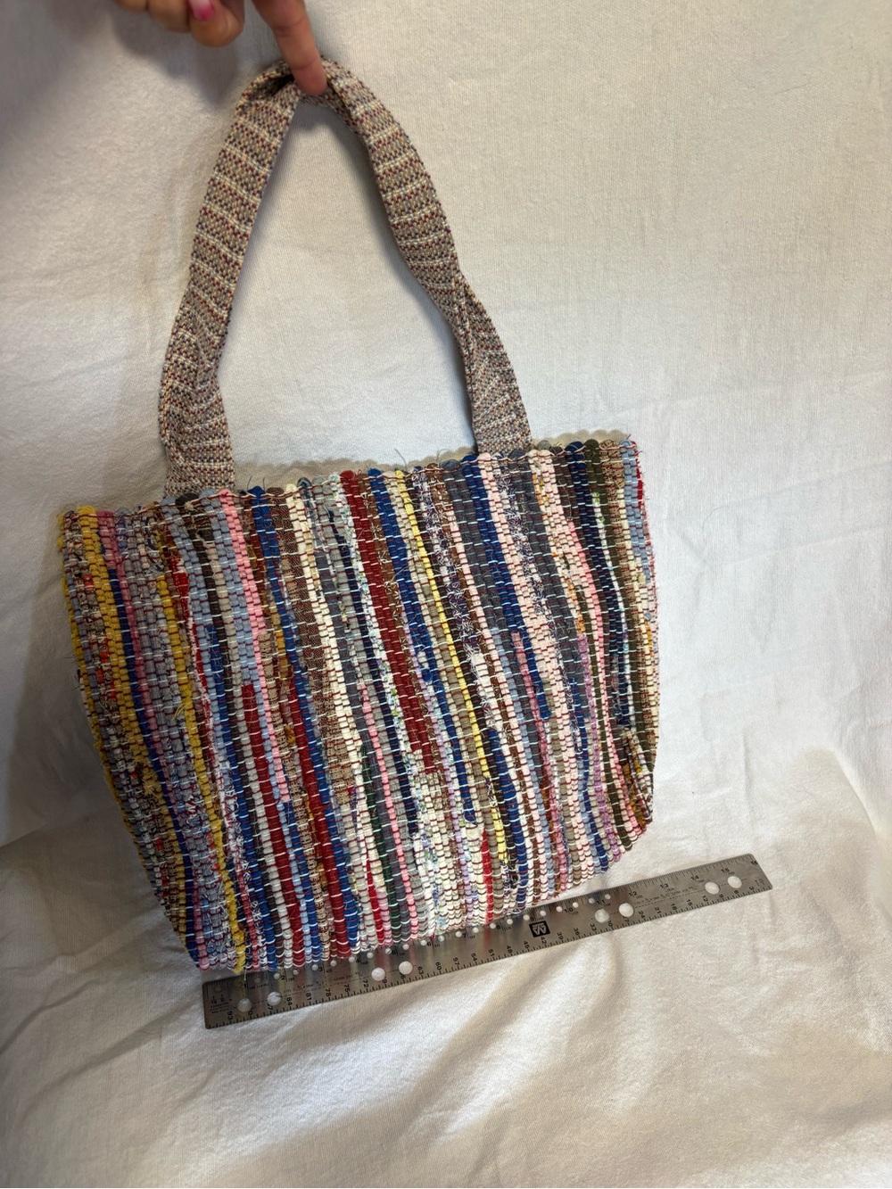 Multicolor Woven Rag Rug Tote Bag - Stylish Striped Shoulder Bag 13”x11”x4